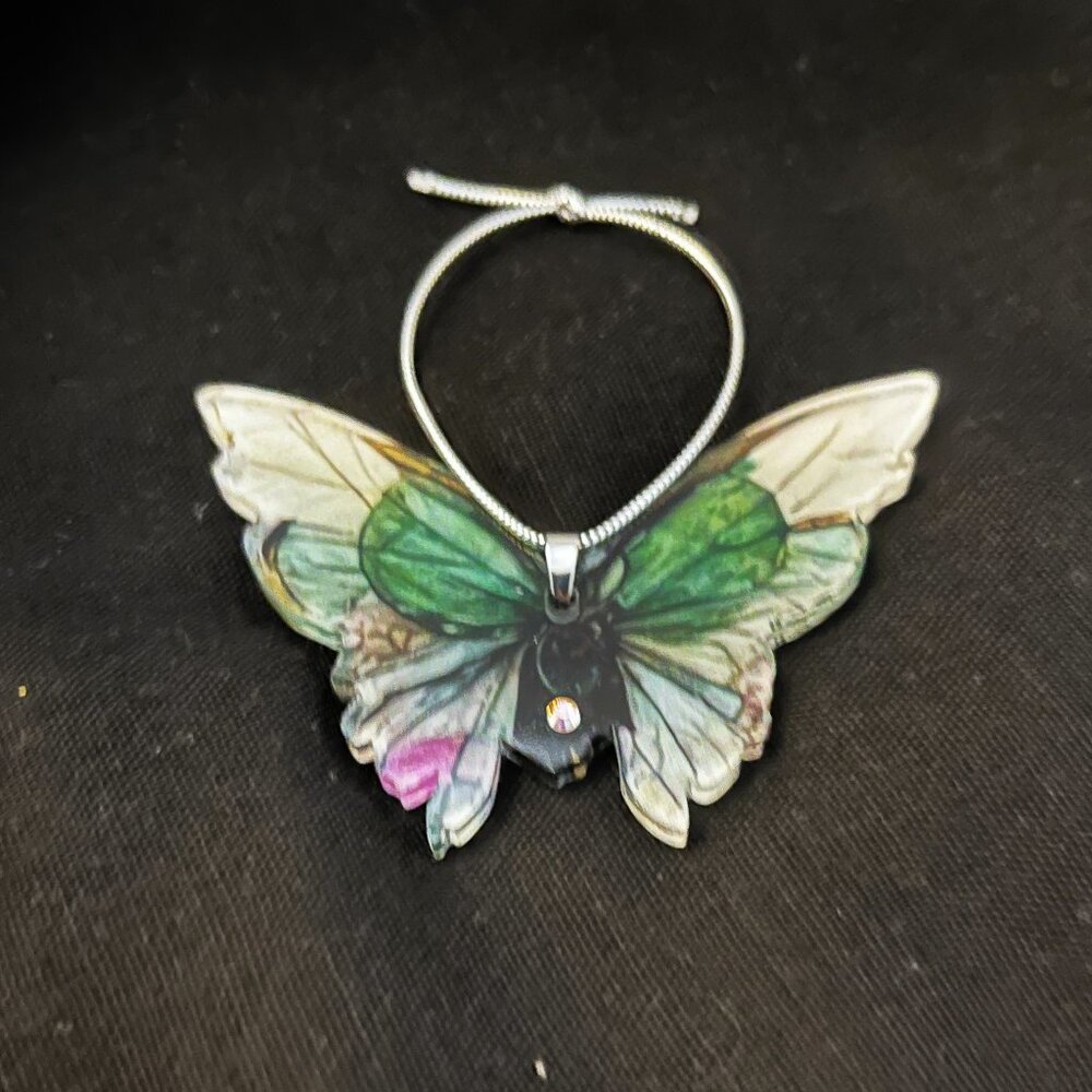 Christmas Tree Ornament, Green White & Swarovski Crystal Victorian Butterfly NWT